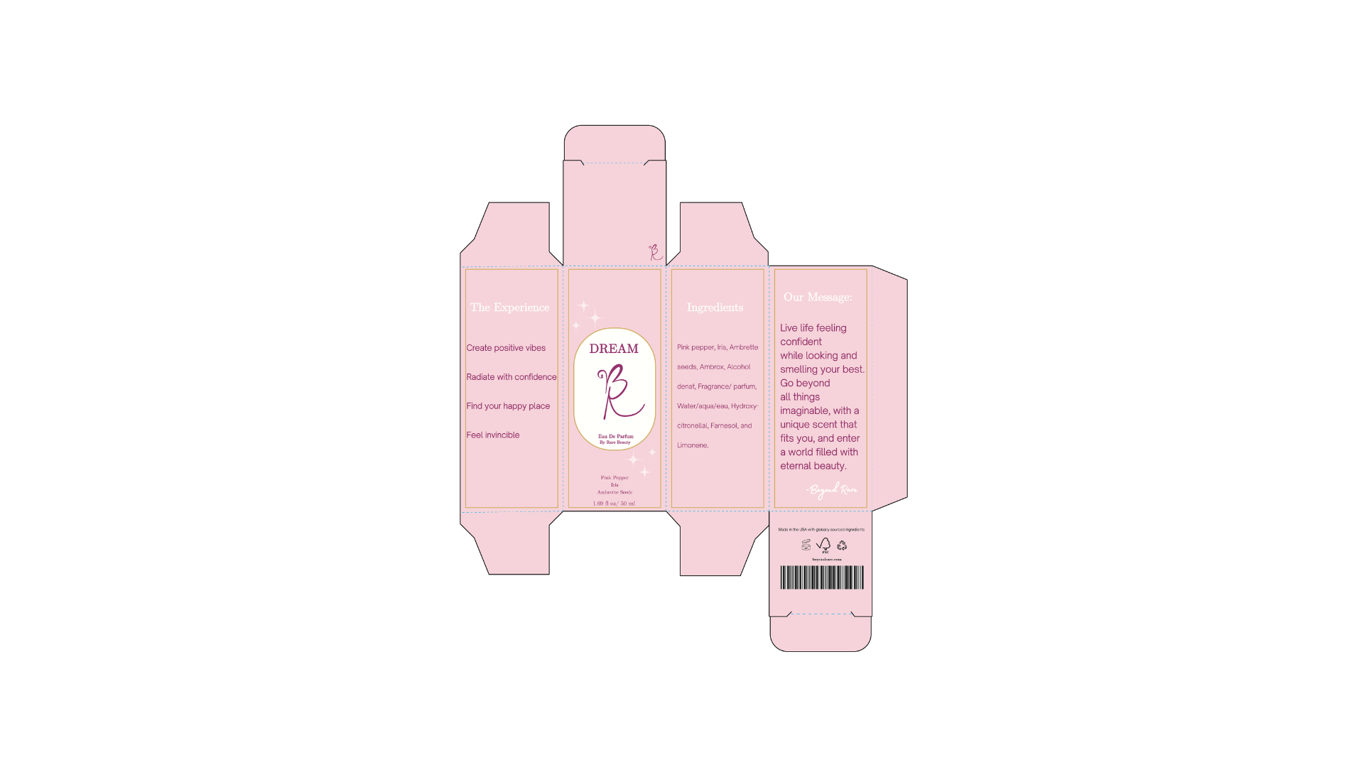 Packaging system — outer box dieline with the experience, ingredients, and brand message panels