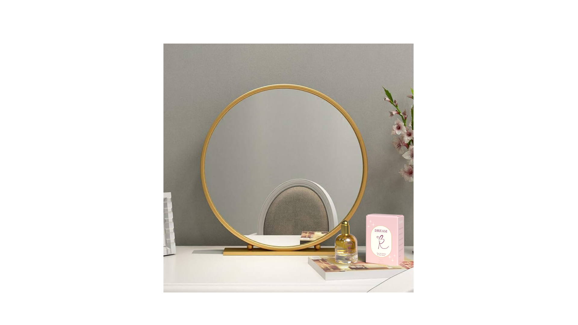 Retail mockup — dressing-table moment with the bottle and outer box