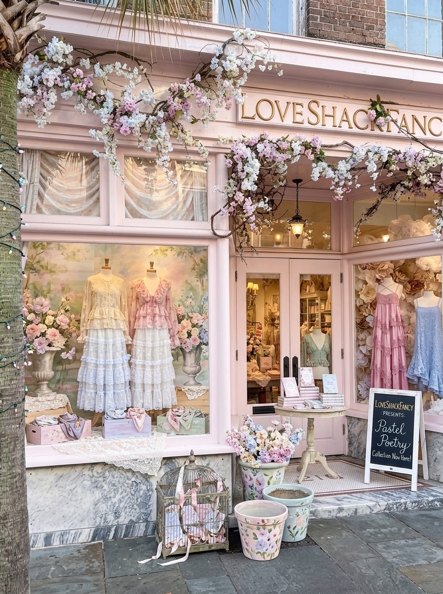 Visual merchandising — a LoveShackFancy boutique window dressed for the Pastel Poetry launch