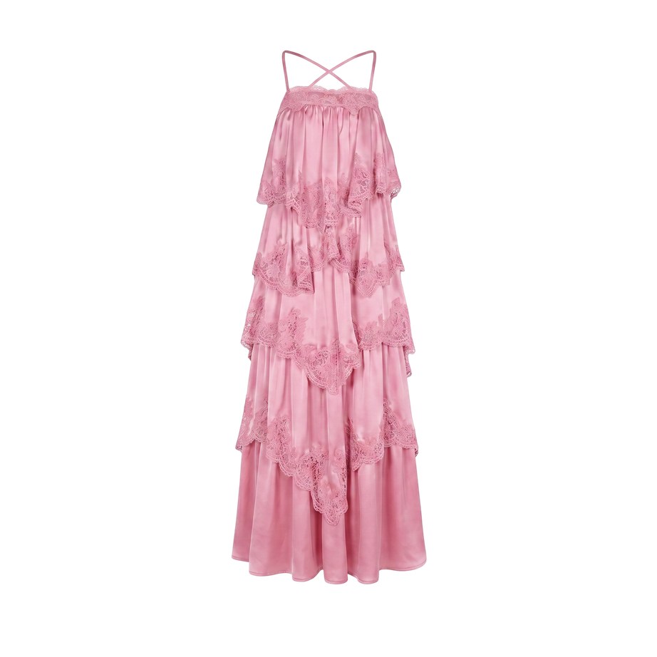 Camellia Dress — Pop Pink taffeta with cross-back straps and four lace-edged tiers