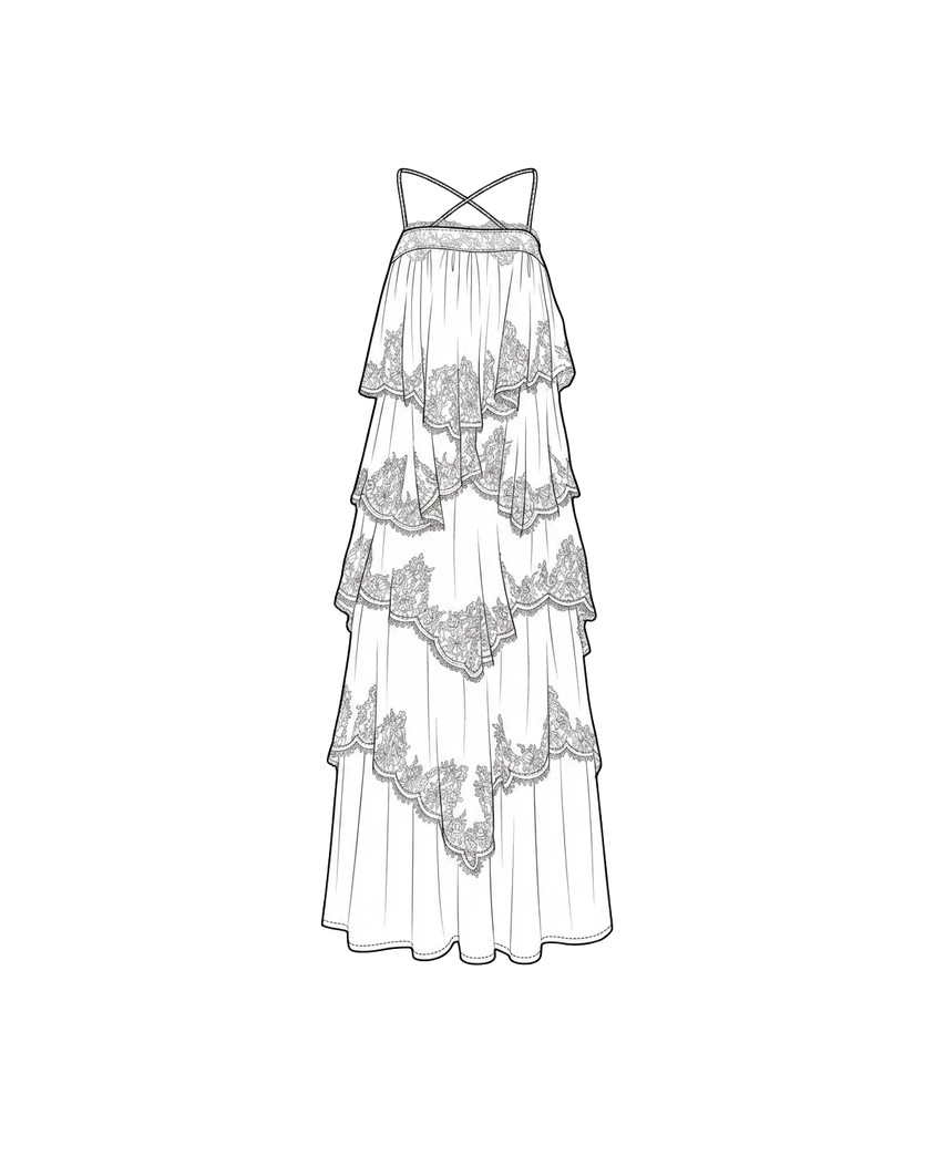 Camellia Dress tech pack — front flat with square neckline, empire waist, and cascading tiers