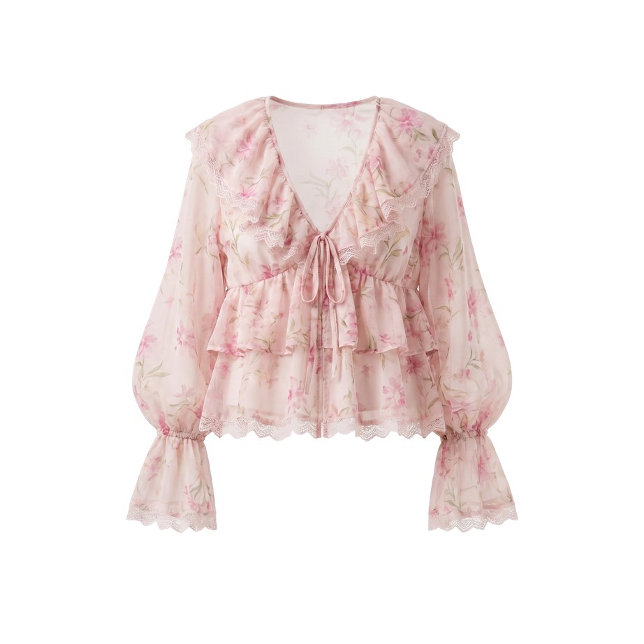 Rosalie Bloom Blouse — floral polyester chiffon with a double-ruffle neckline, tiered peplum, and bishop sleeves