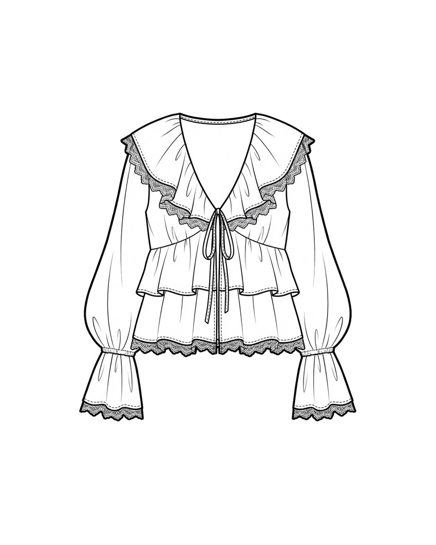 Rosalie Bloom Blouse tech pack — front flat with soft tie closure, scalloped lace trim, and flounce cuffs