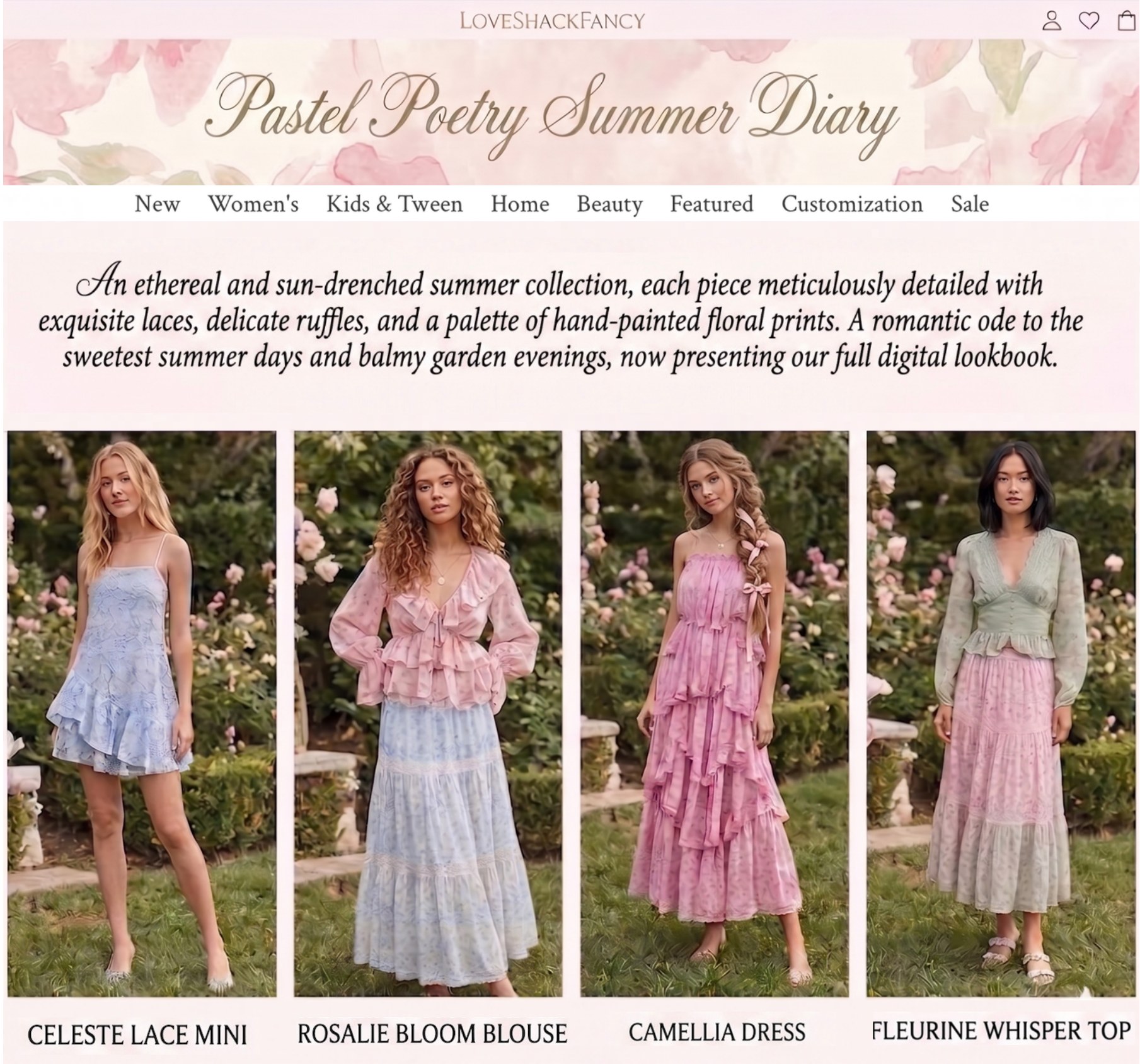 Pastel Poetry Summer Diary — the digital lookbook with the Celeste Lace Mini, Rosalie Bloom Blouse, Camellia Dress, and Fleurine Whisper Top in a rose garden