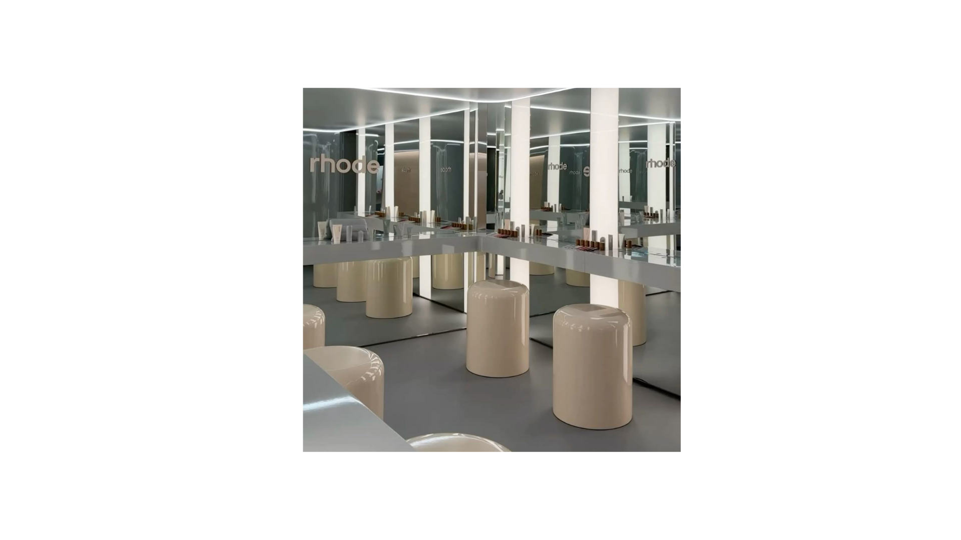 Sephora UK interior — proposed in-store rhode retail moment with mirrors, vanity stations, and seated try-on stools