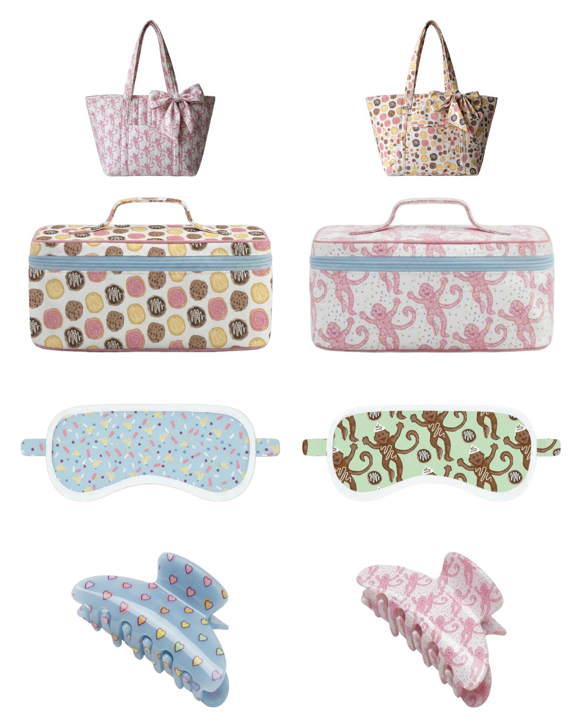 Accessories — quilted totes, cosmetic cases, eye masks, and claw clips