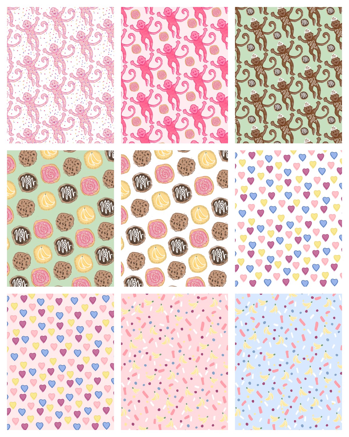 The print collection, hand-drawn by Ashley McKay — monkeys, cookies, hearts, and sprinkles
