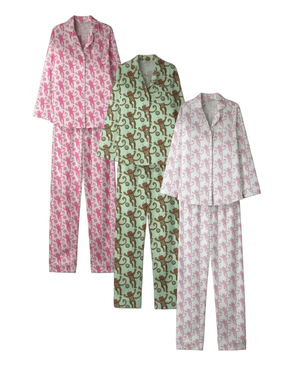 Women's button-down pajama sets in three of the collaboration's monkey prints