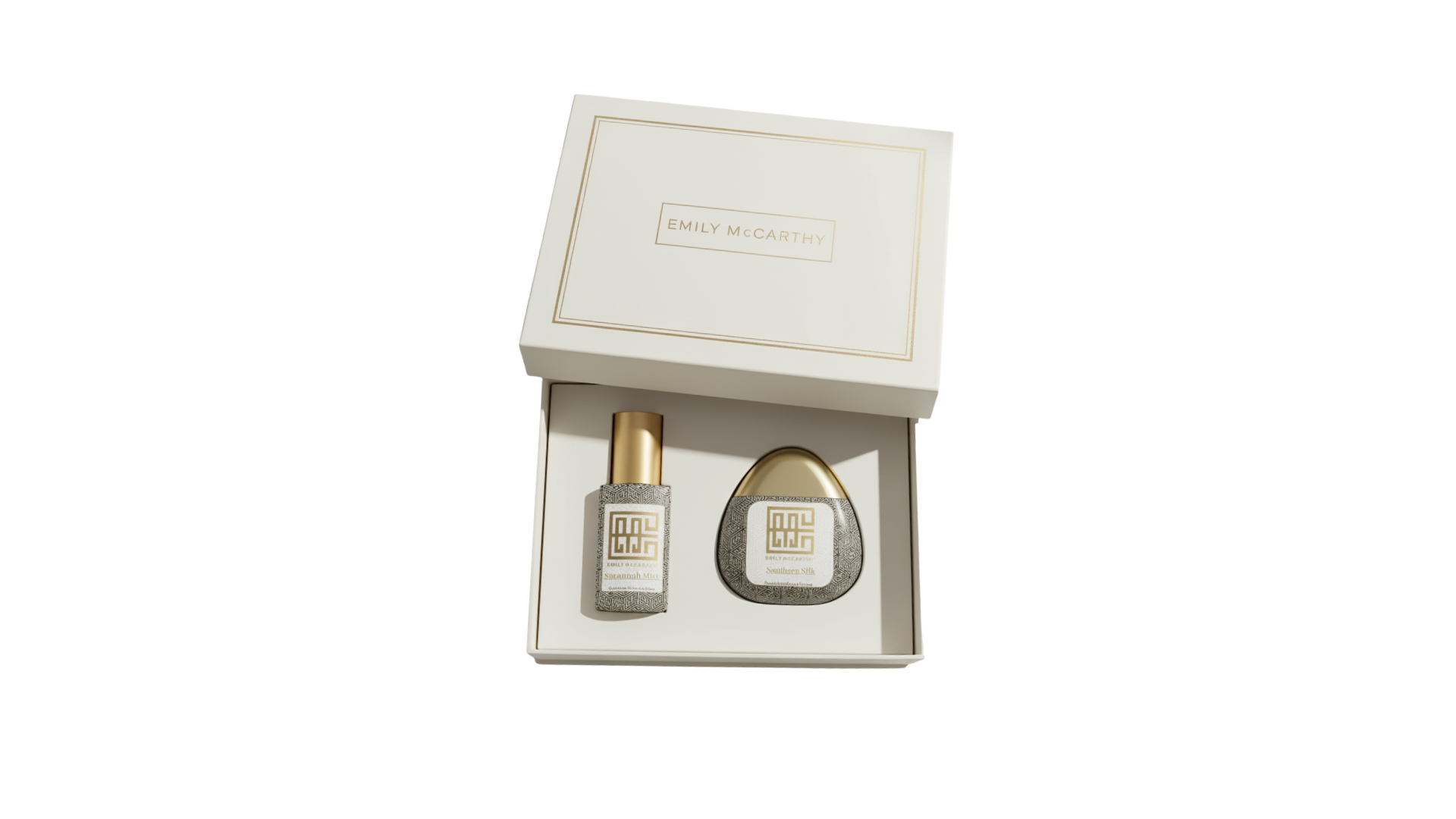 The duo presented in the Emily McCarthy gift box — Savannah Mist and Southern Silk in their gold-and-cream packaging